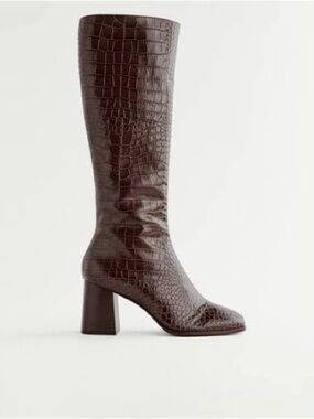 Reformation Nylah Tall Croc-Embossed Brown Leather Block Heel Boots